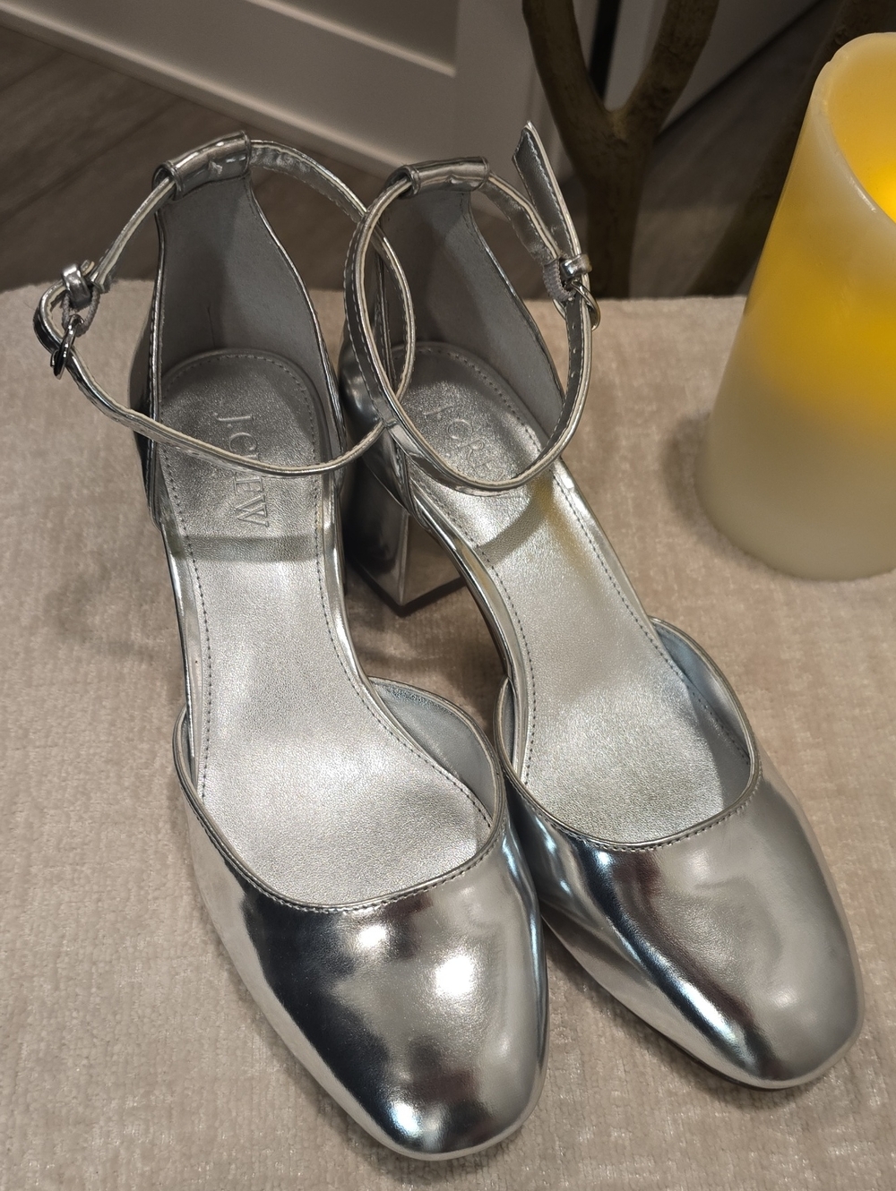 J. Crew Metallic Silver Ankle-Strap Block Heels